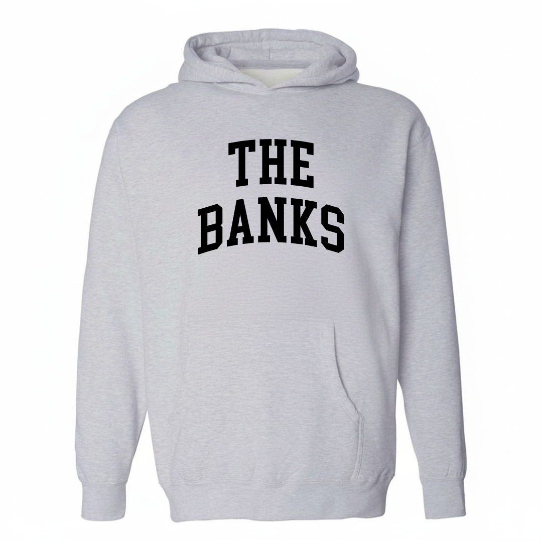 Heather-gray hoodie with The Banks Cincinnati arched lettering design on the chest.