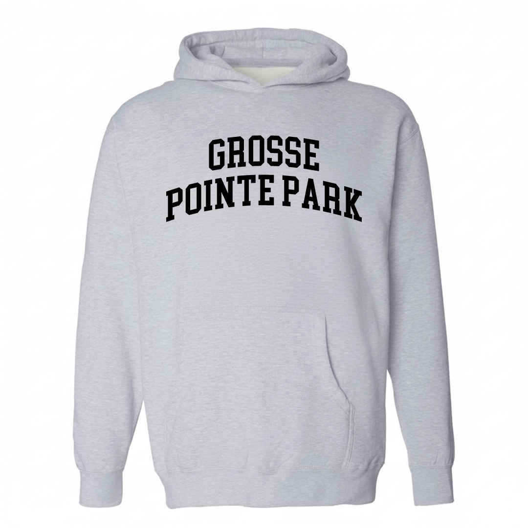Heather-gray hoodie with the Grosse Pointe Park varsity arched lettering design on the chest.