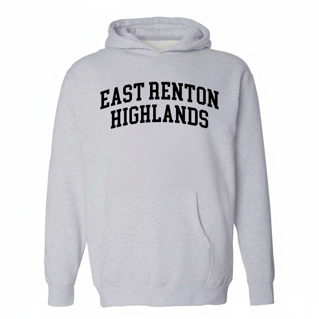 Heather-gray hoodie with the East Renton Highlands varsity arched lettering design on the chest.