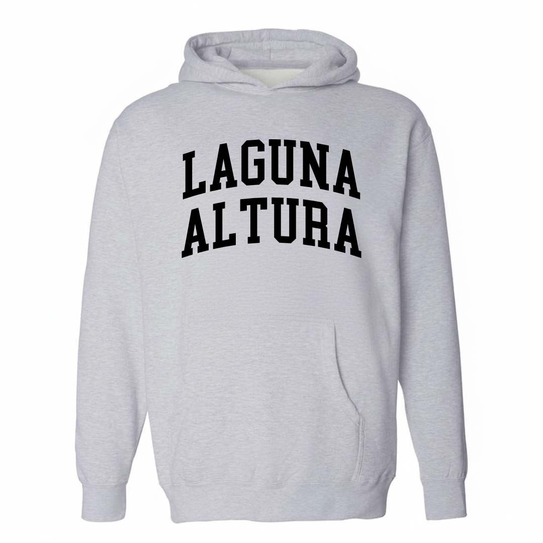 Heather-gray hoodie with the Laguna Altura varsity arched lettering design on the chest.