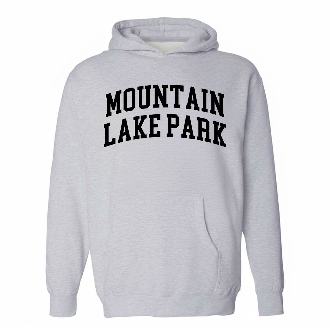 Heather-gray hoodie with the Mountain Lake Park varsity arched lettering design on the chest.