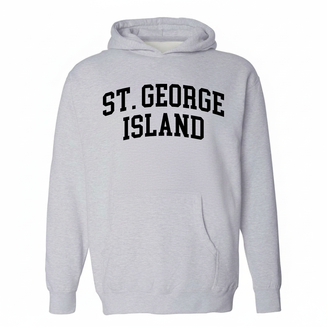 Heather-gray hoodie with the St. George Island varsity arched lettering design on the chest.