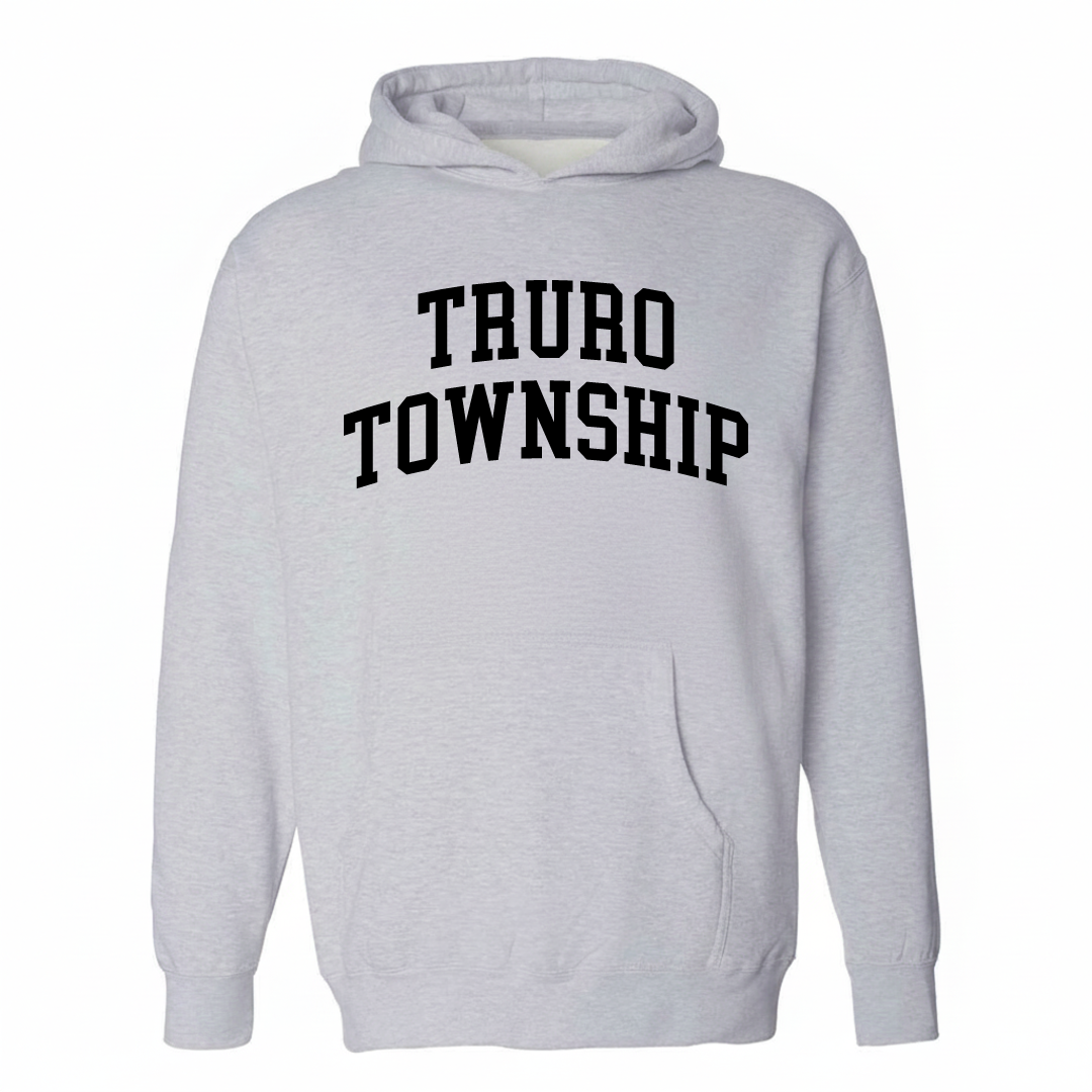 Heather-gray hoodie with the Truro Township varsity arched lettering design on the chest.
