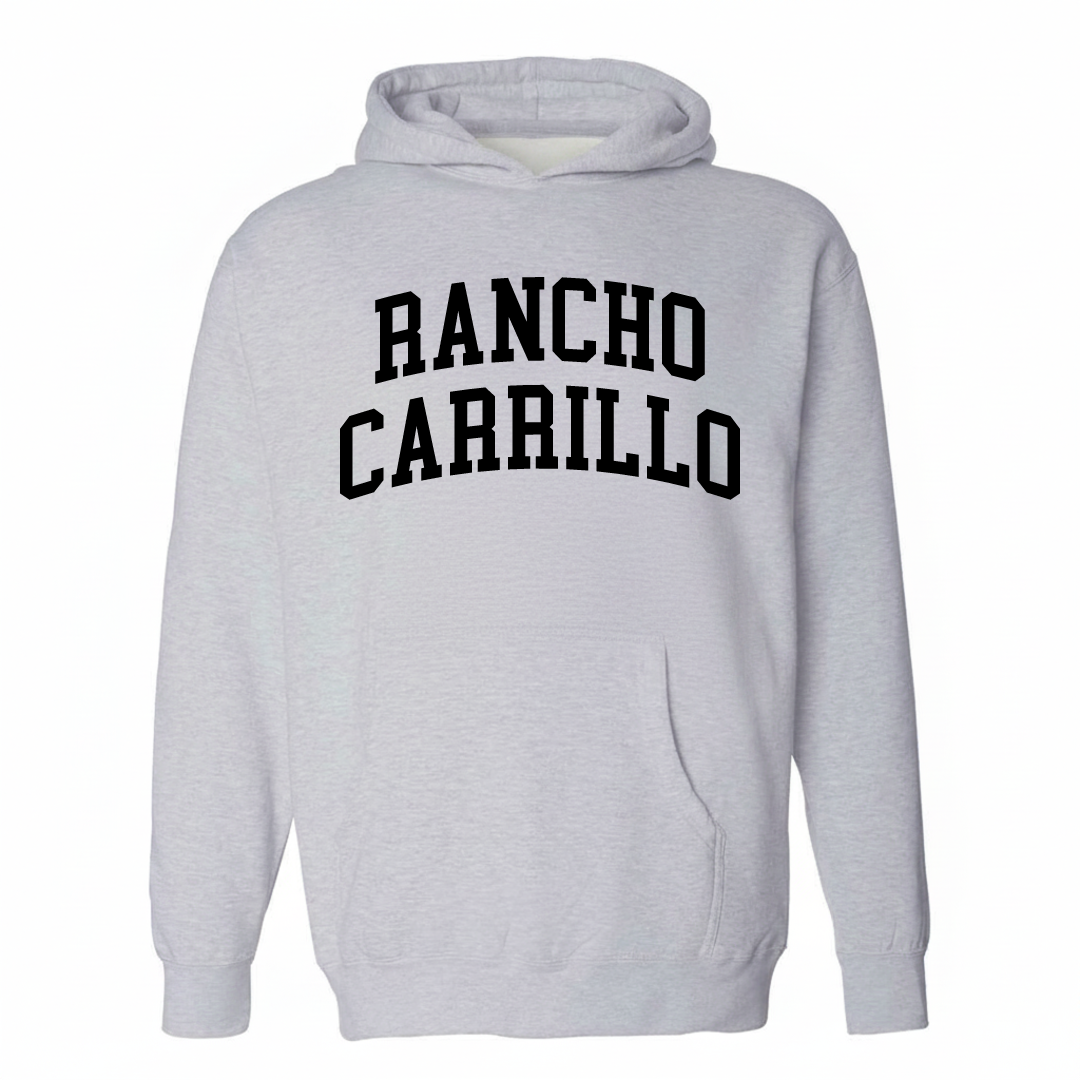 Heather-gray hoodie with the Rancho Carrillo varsity arched lettering design on the chest.