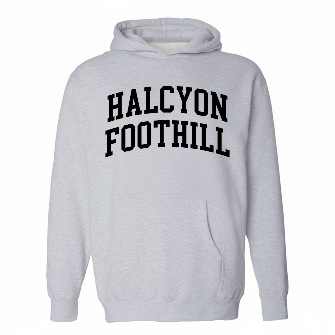 Heather-gray hoodie with the Halcyon-Foothill varsity arched lettering design on the chest.