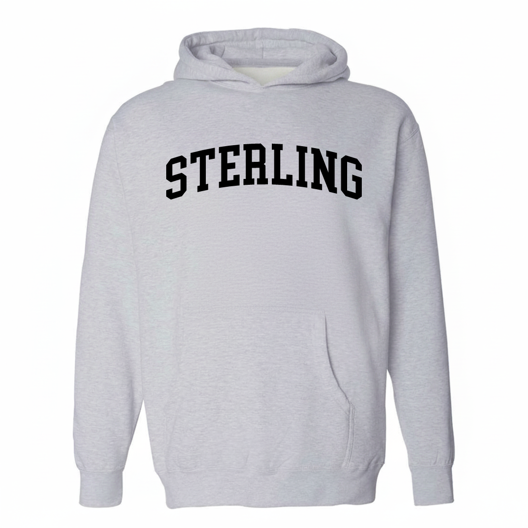 Heather-gray hoodie with the Sterling CT varsity arched lettering design on the chest.