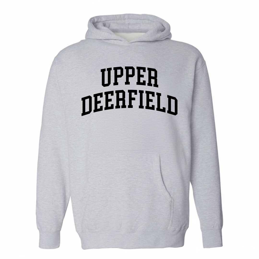 Heather-gray hoodie with the Upper Deerfield varsity arched lettering design on the chest.
