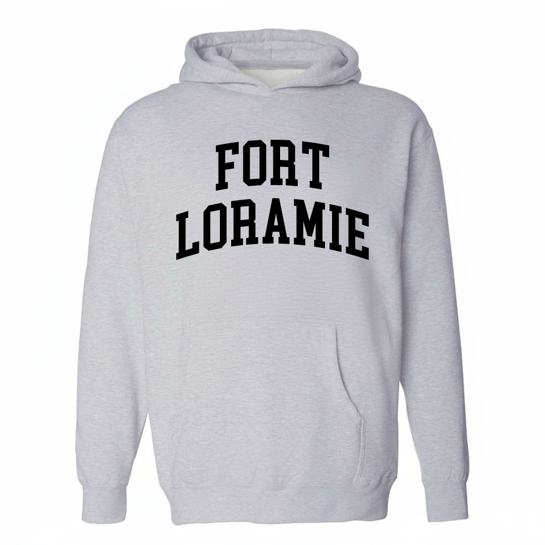 Heather-gray hoodie with the Fort Loramie varsity arched lettering design on the chest.