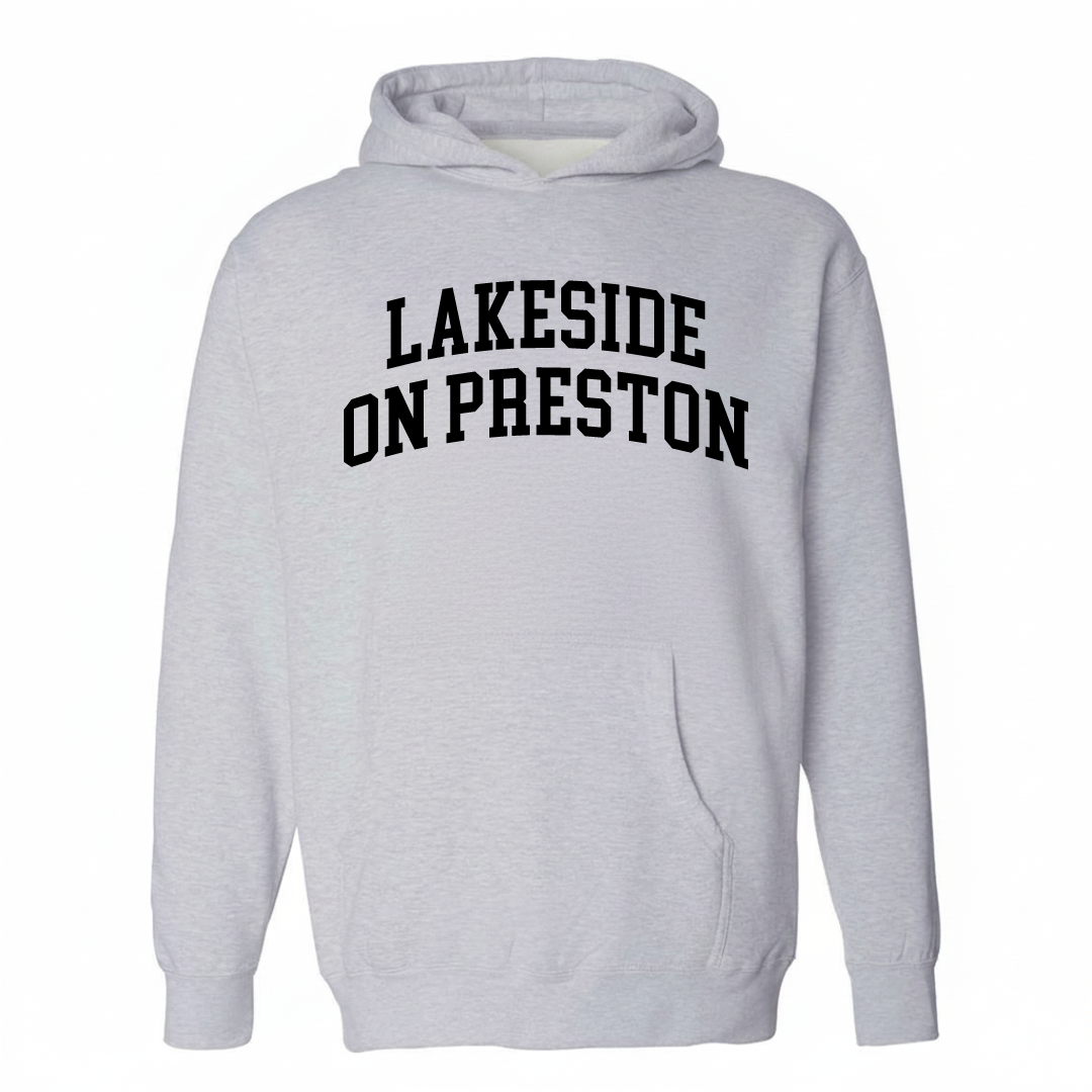 Heather-gray hoodie with the Lakeside on Preston varsity arched lettering design on the chest.