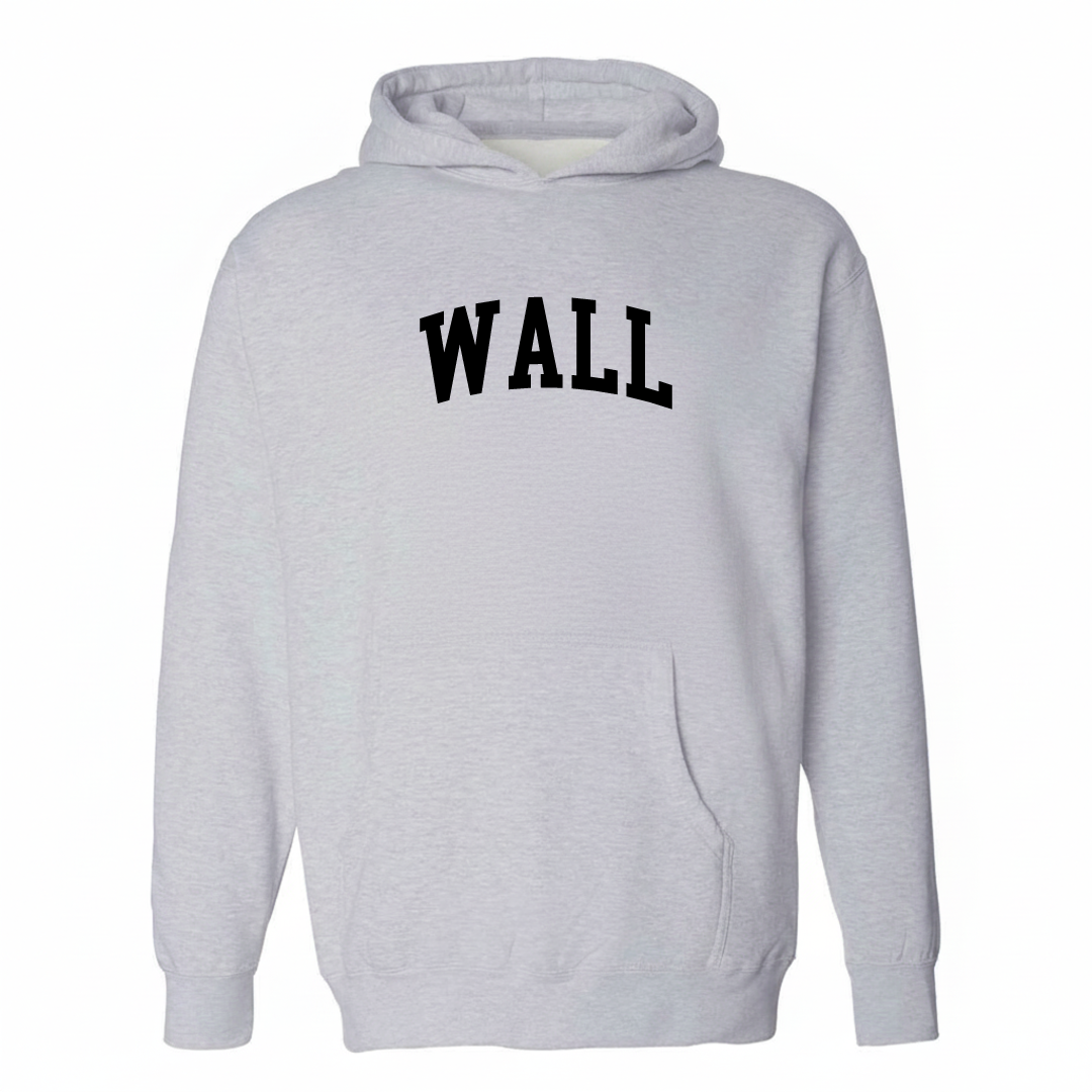 Heather-gray hoodie with the Wall Township varsity arched lettering design on the chest.