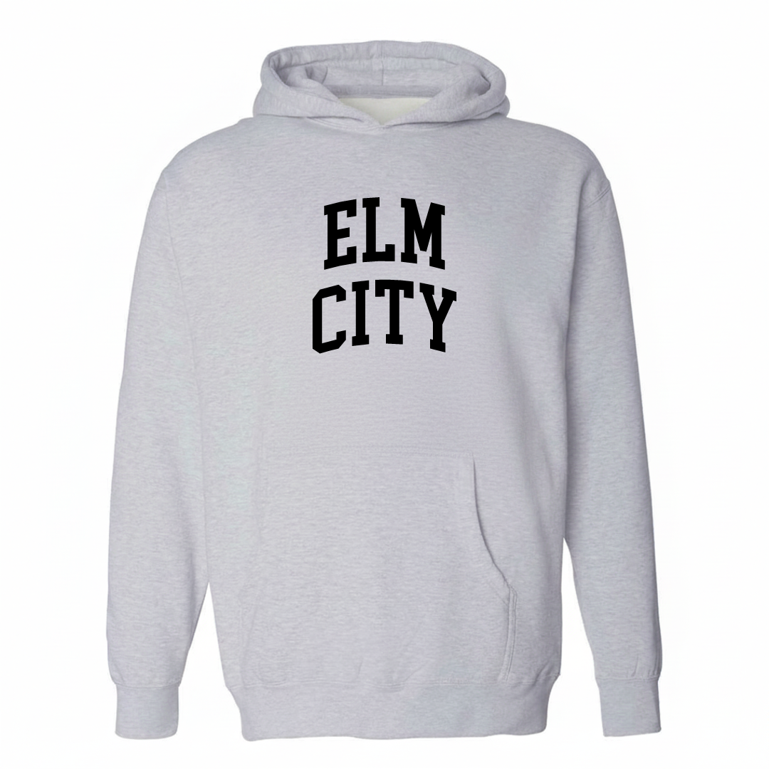 Heather-gray hoodie with the Elm City arched varsity lettering design on the chest.