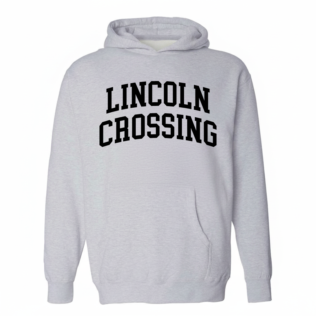 Heather-gray hoodie with the Lincoln Crossing varsity arched lettering design on the chest.