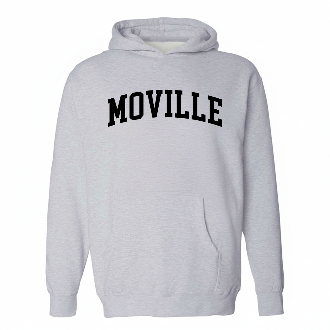 Heather-gray hoodie with the Moville arched lettering varsity-collegiate design on the chest.