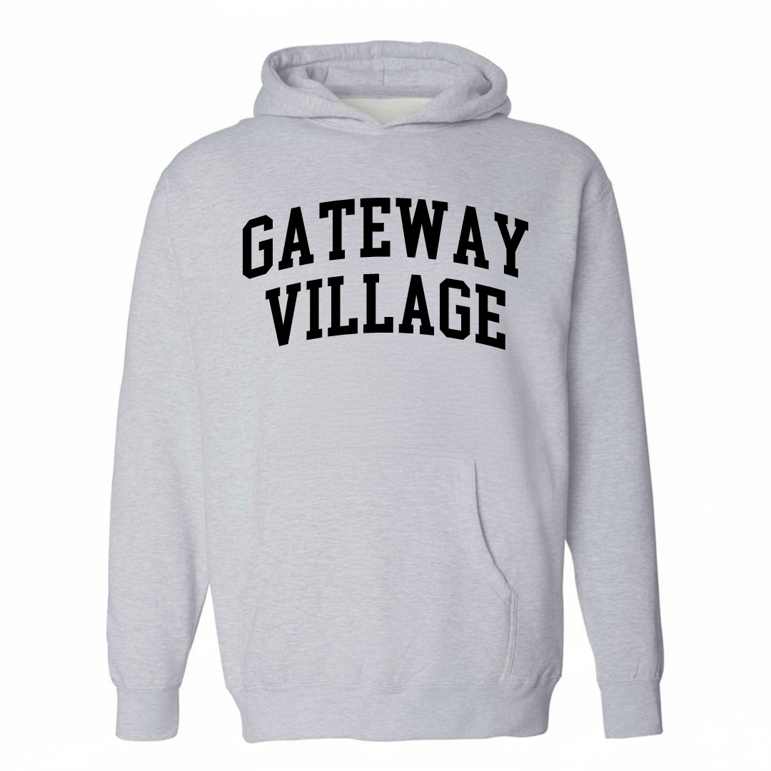 Heather-gray hoodie with the Gateway Village varsity arched lettering design on the chest.