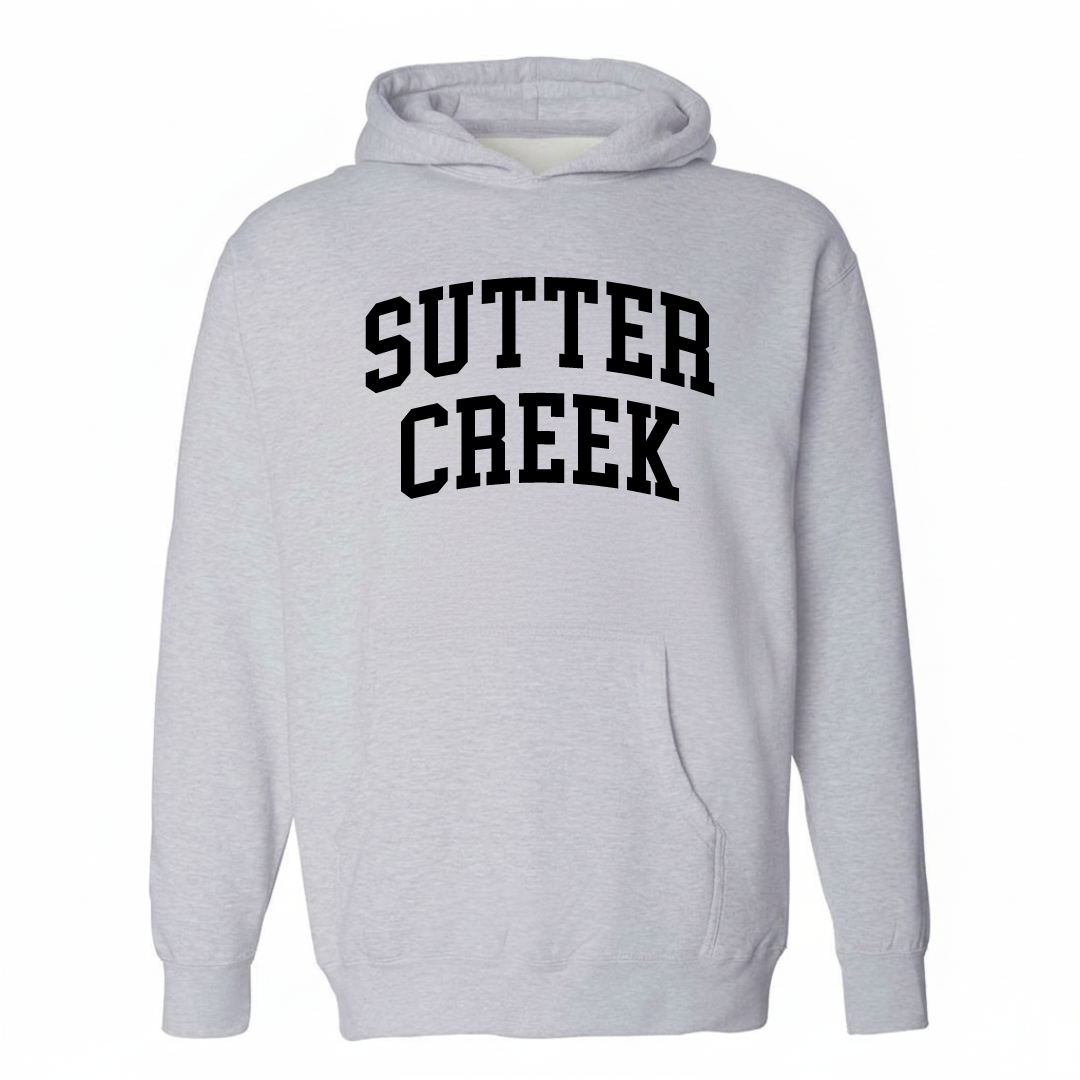 Heather-gray hoodie with the Sutter Creek varsity arched lettering design on the chest.