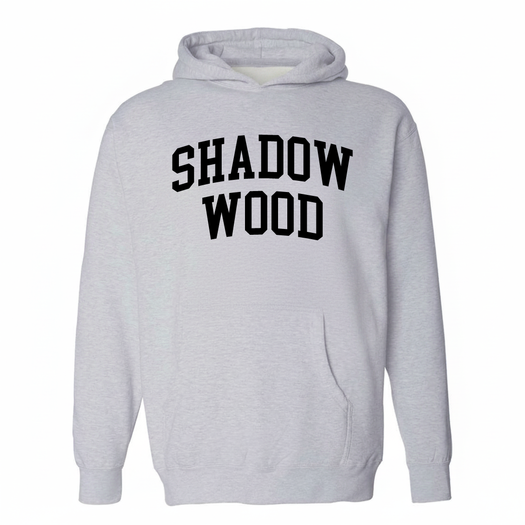 Heather-gray hoodie with the Shadow Wood varsity arched lettering design on the chest.