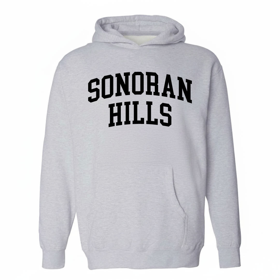 Heather-gray hoodie with the Sonoran Hills varsity arched lettering design on the chest.