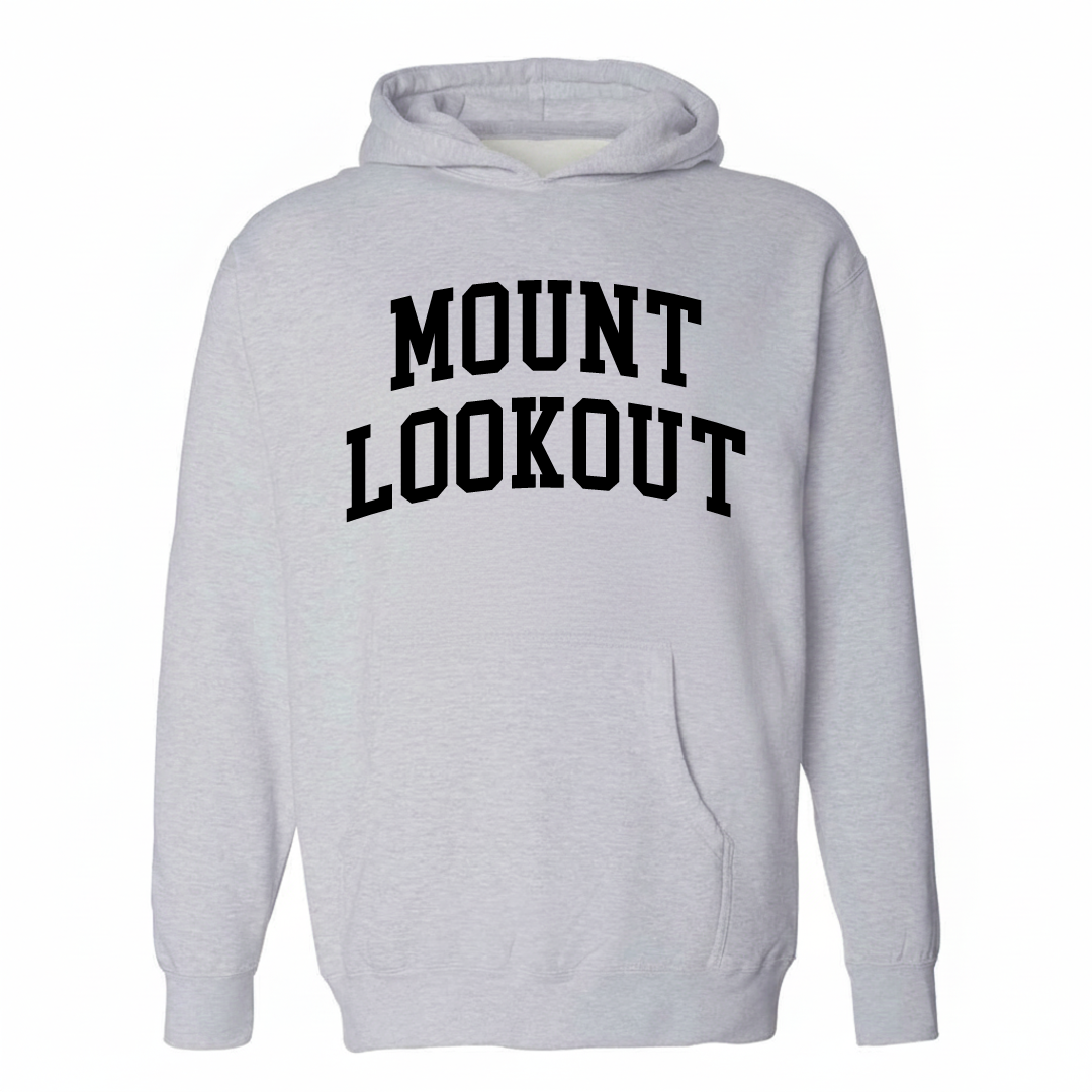 Heather-gray hoodie with the Mount Lookout varsity arched lettering design on the chest.