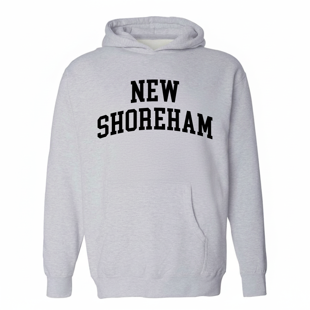 Heather-gray hoodie with the New Shoreham varsity arched lettering design on the chest.