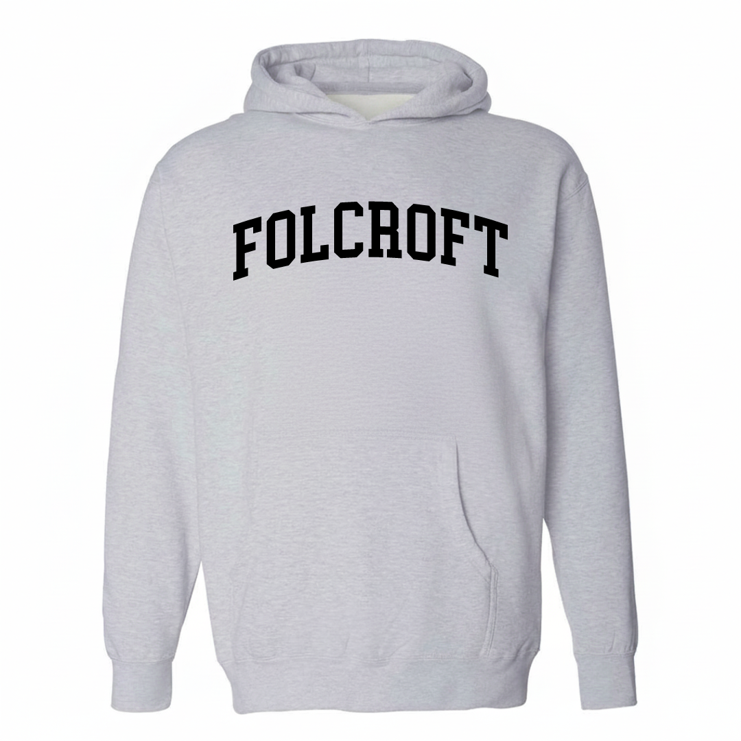 Heather-gray hoodie with the Folcroft arched lettering varsity-collegiate design on the chest.