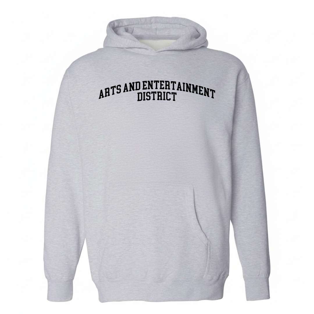 Heather-gray hoodie with the Arts and Entertainment District varsity arched lettering design on the chest.