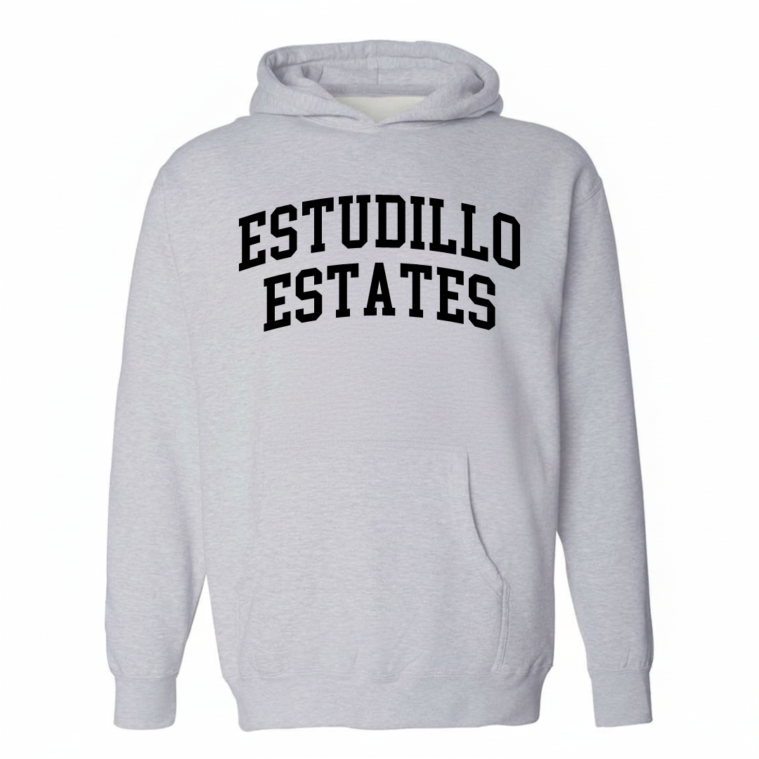Heather-gray hoodie with the Estudillo Estates varsity arched lettering design on the chest.