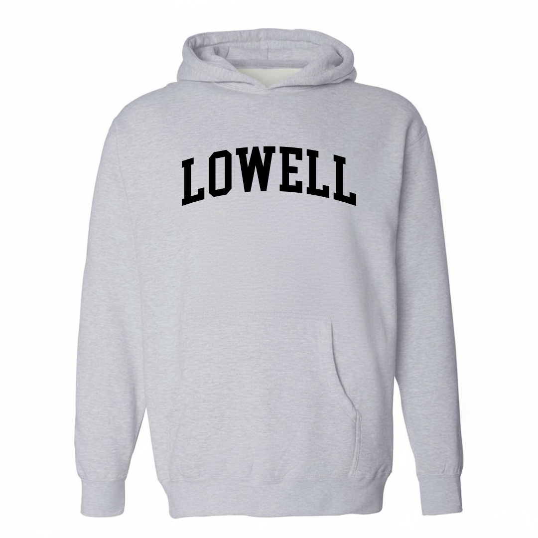 Heather-gray hoodie with the Lowell varsity arched lettering design on the chest.