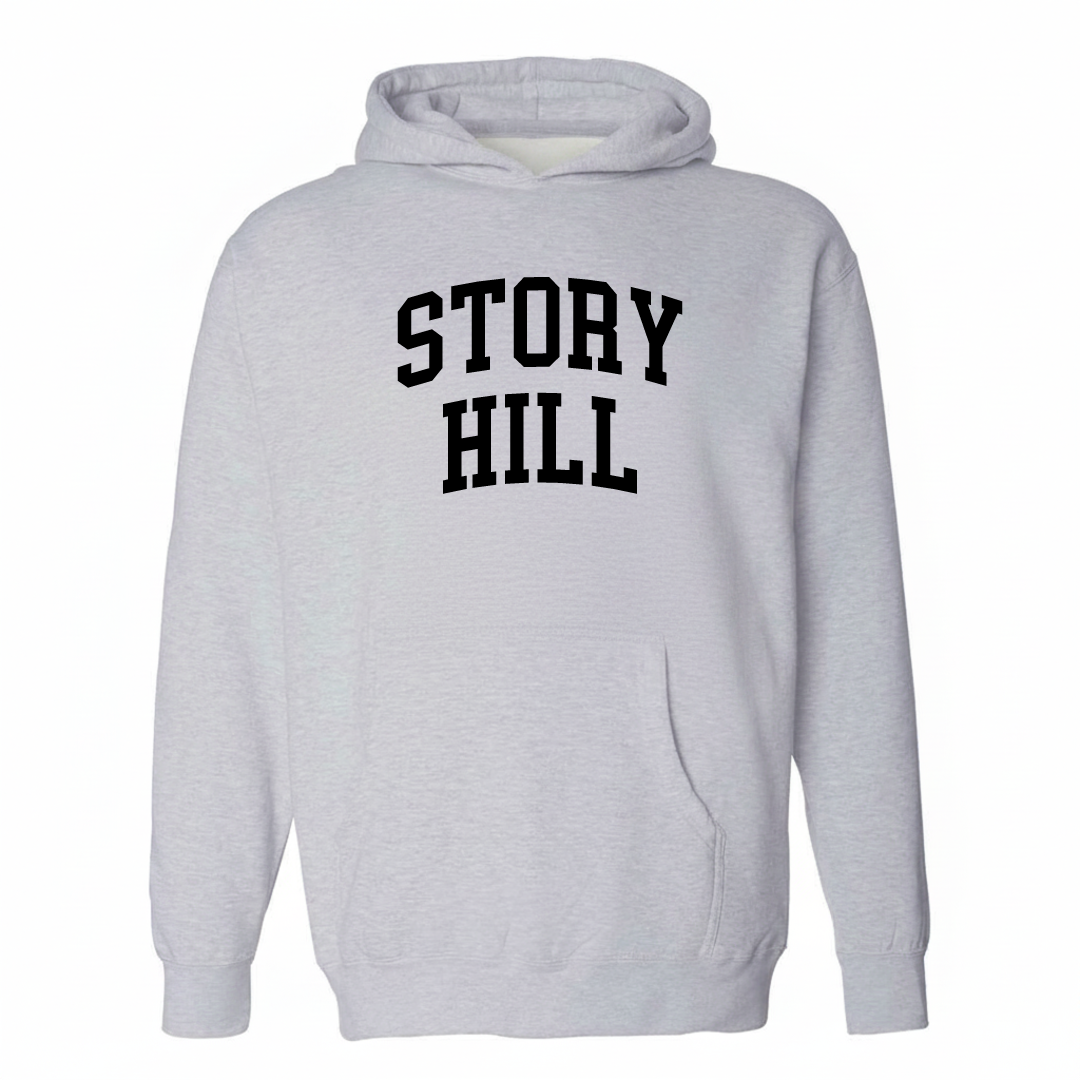 Heather-gray hoodie with the Story Hill varsity arched lettering design on the chest.