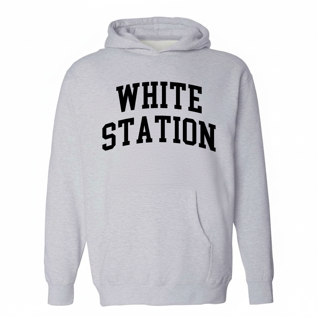 Heather-gray hoodie with the White Station varsity arched lettering design on the chest.