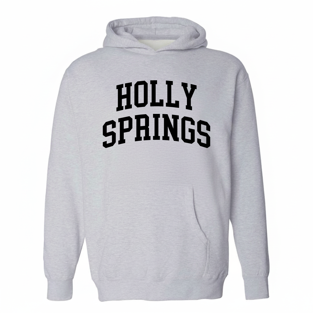 Heather-gray hoodie with the Holly Springs varsity arched lettering design on the chest.