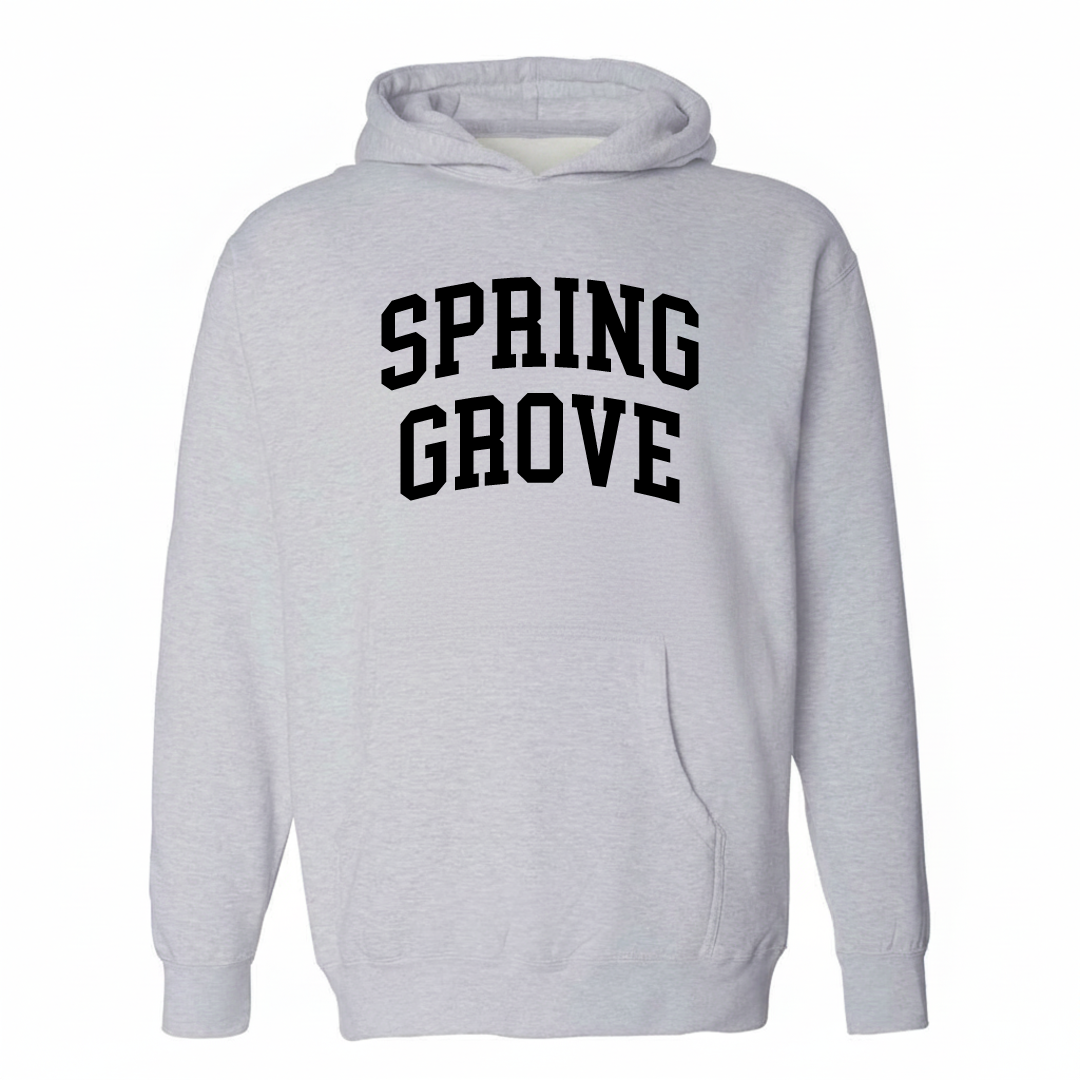 Heather-gray hoodie with the Spring Grove arched lettering varsity-collegiate design on the chest.