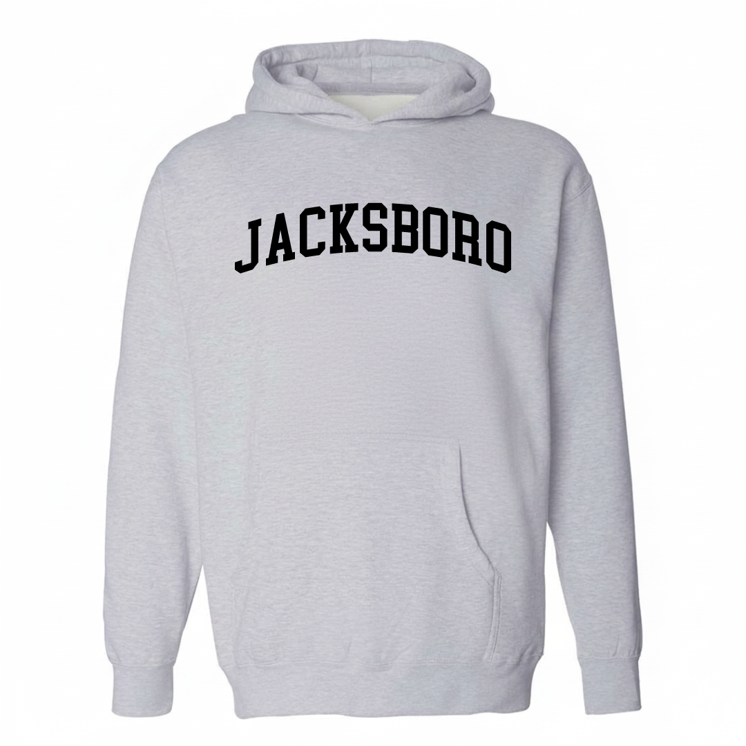 Heather-gray hoodie with the Jacksboro varsity arched lettering design on the chest.
