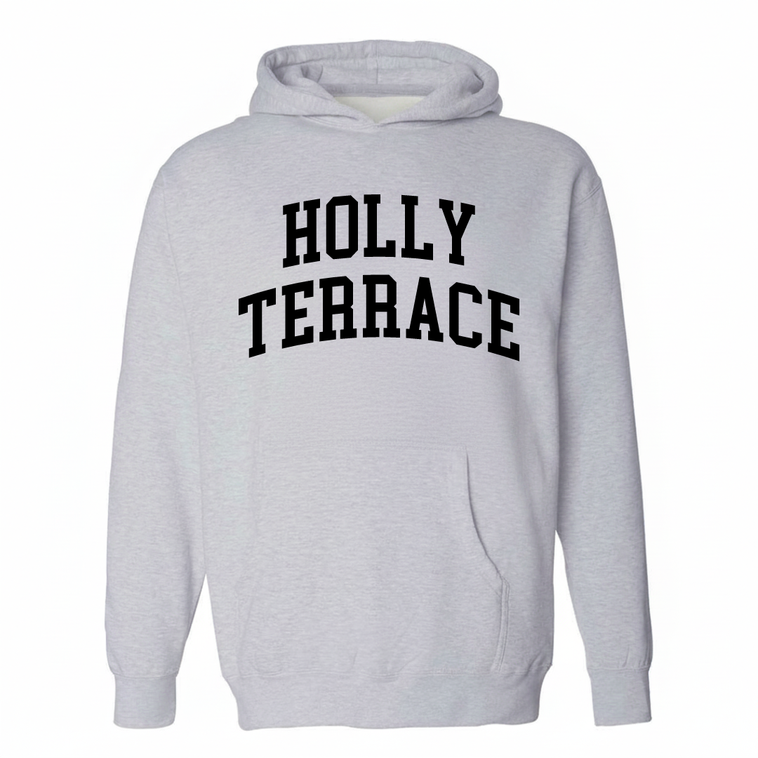 Heather-gray hoodie with the Holly Terrace arched varsity lettering design on the chest.