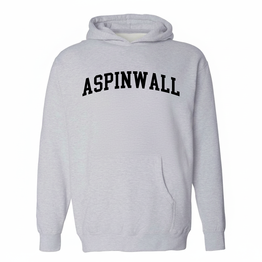 Heather-gray hoodie with the Aspinwall arched lettering varsity-collegiate design on the chest.
