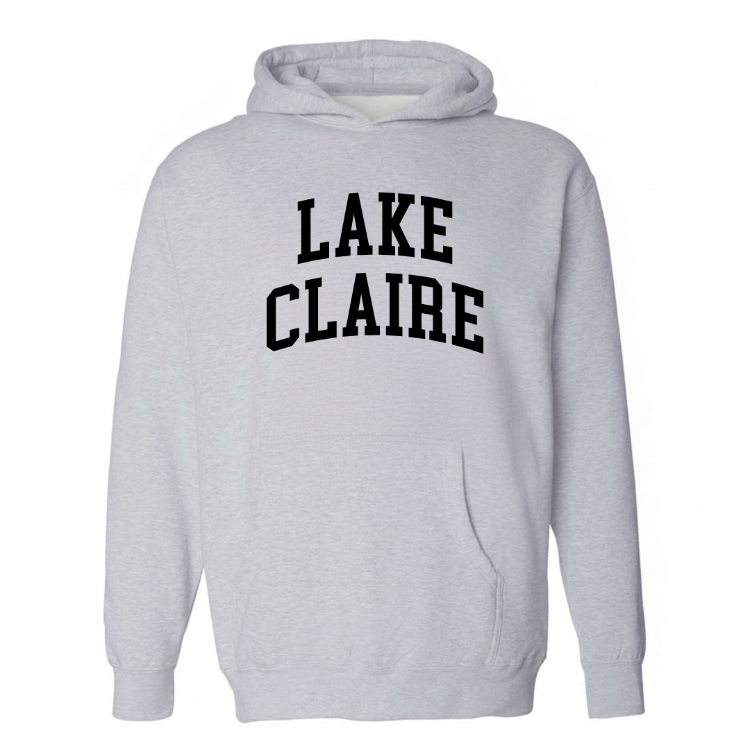 Heather-gray hoodie with the Lake Claire arched varsity lettering design on the chest.