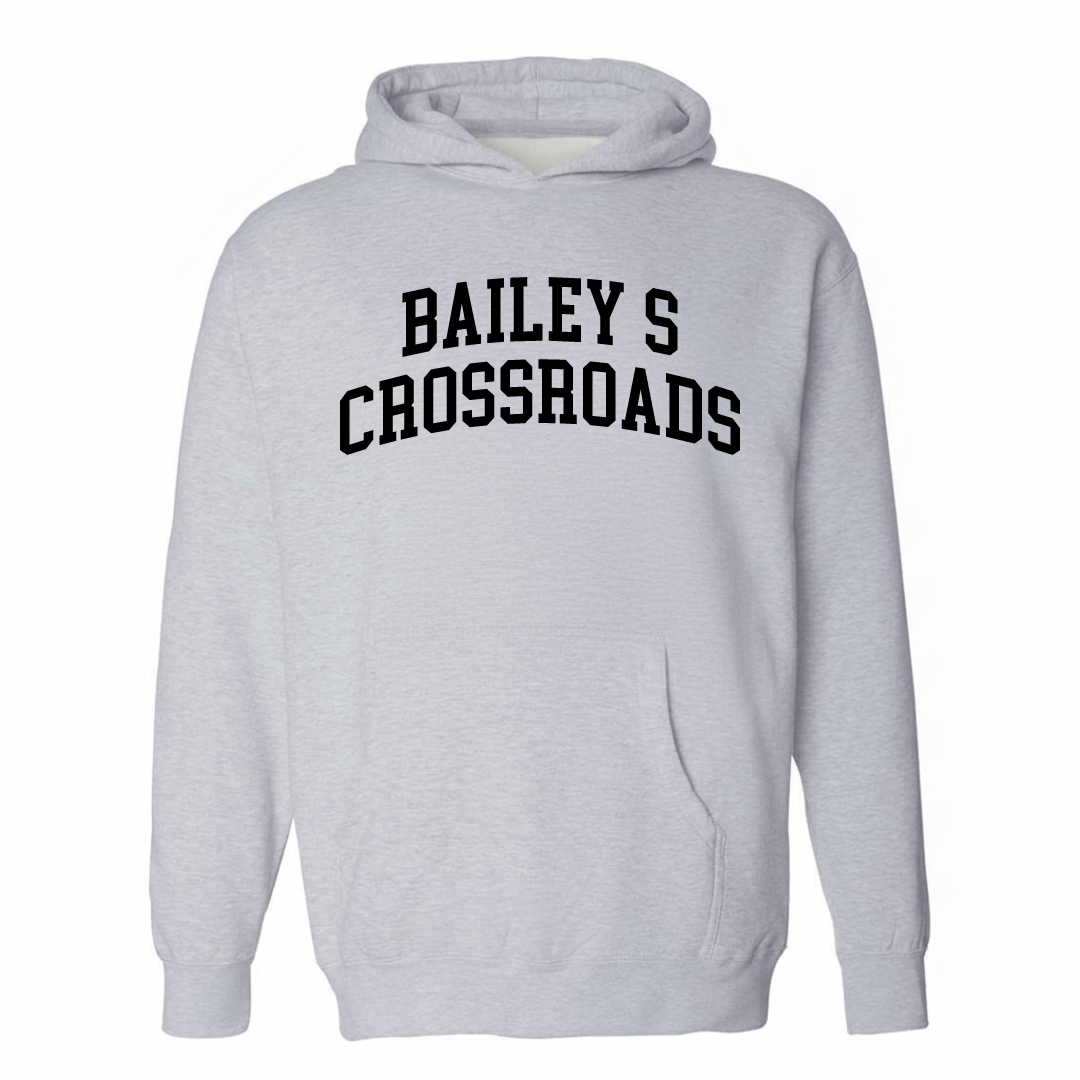 Heather-gray hoodie with the Bailey's Crossroads varsity arched lettering design on the chest.