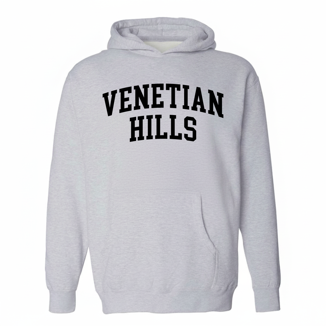 Heather-gray hoodie with the Venetian Hills varsity arched lettering design on the chest.