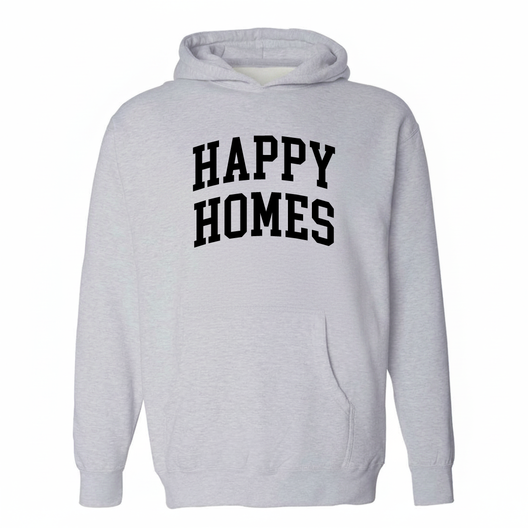 Heather-gray hoodie with the Happy Homes varsity arched lettering design on the chest.