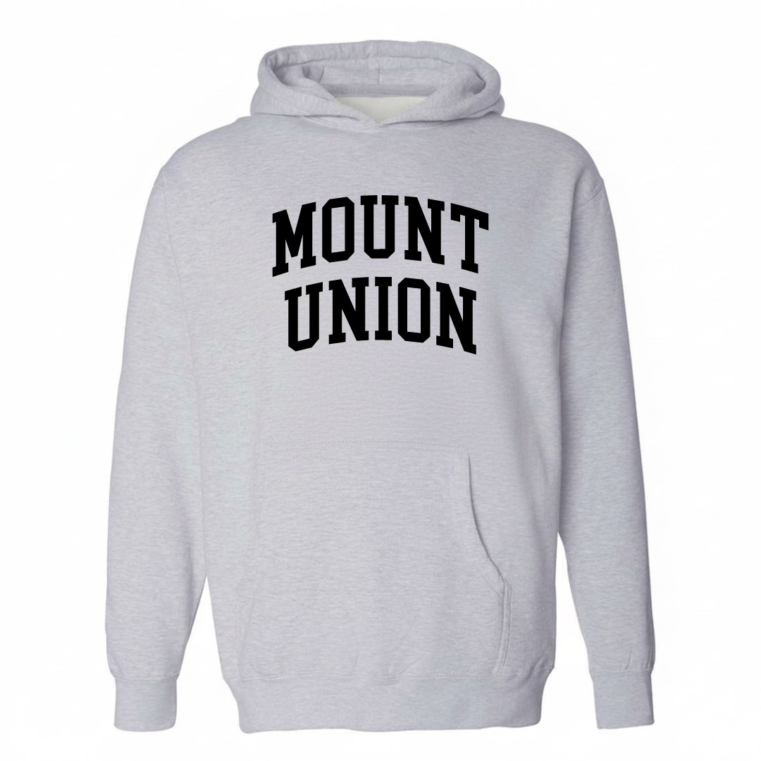 Heather-gray hoodie with the Mount Union varsity arched lettering design on the chest.