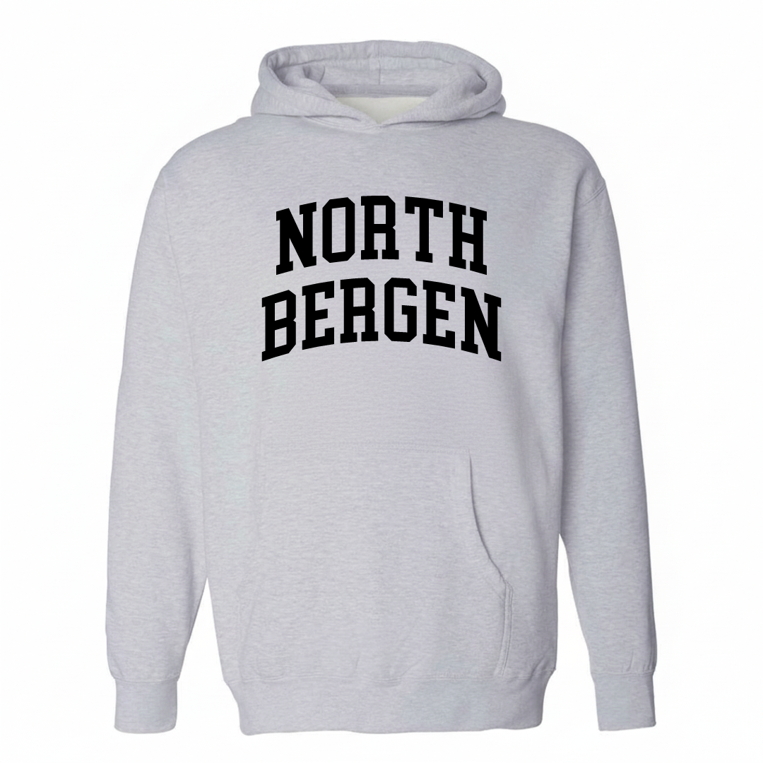 Heather-gray hoodie with the North Bergen arched varsity lettering design on the chest.