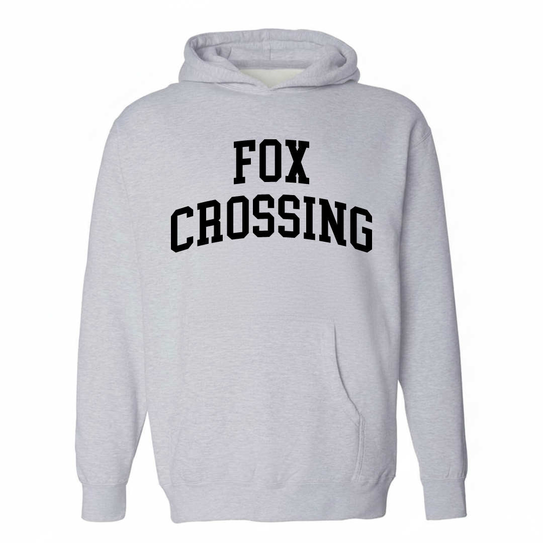 Heather-gray hoodie with the Fox Crossing arched lettering design on the chest.
