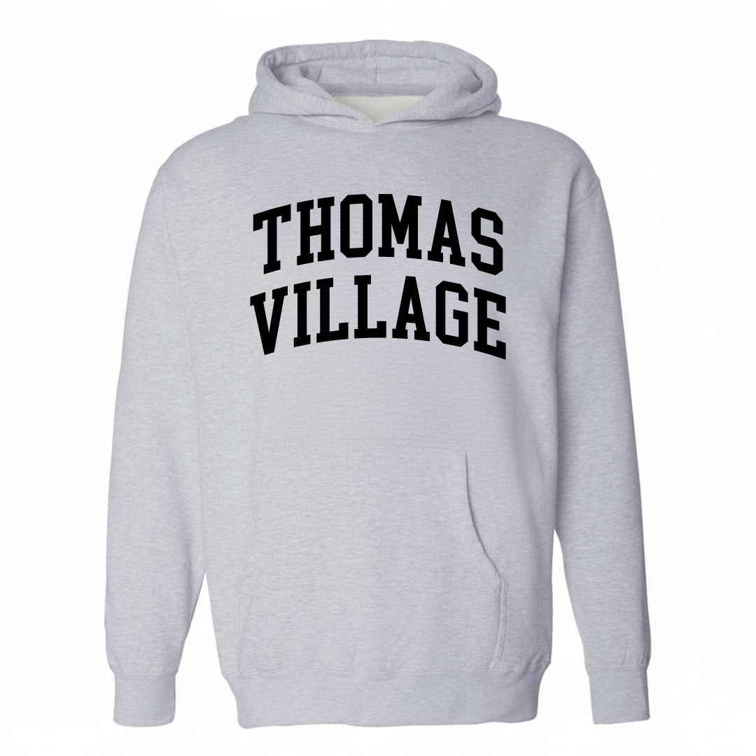 Heather-gray hoodie with the Thomas Village arched lettering varsity-collegiate design on the chest.