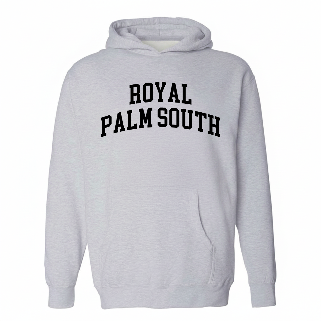 Heather-gray hoodie with the Royal Palm South varsity arched lettering design on the chest.