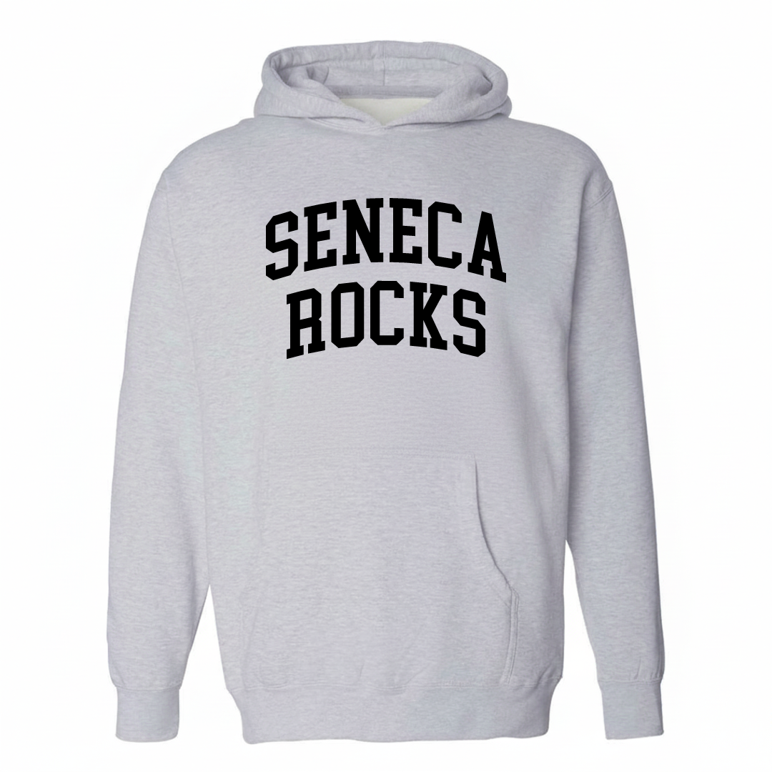 Heather-gray hoodie with the Seneca Rocks varsity arched lettering design on the chest.