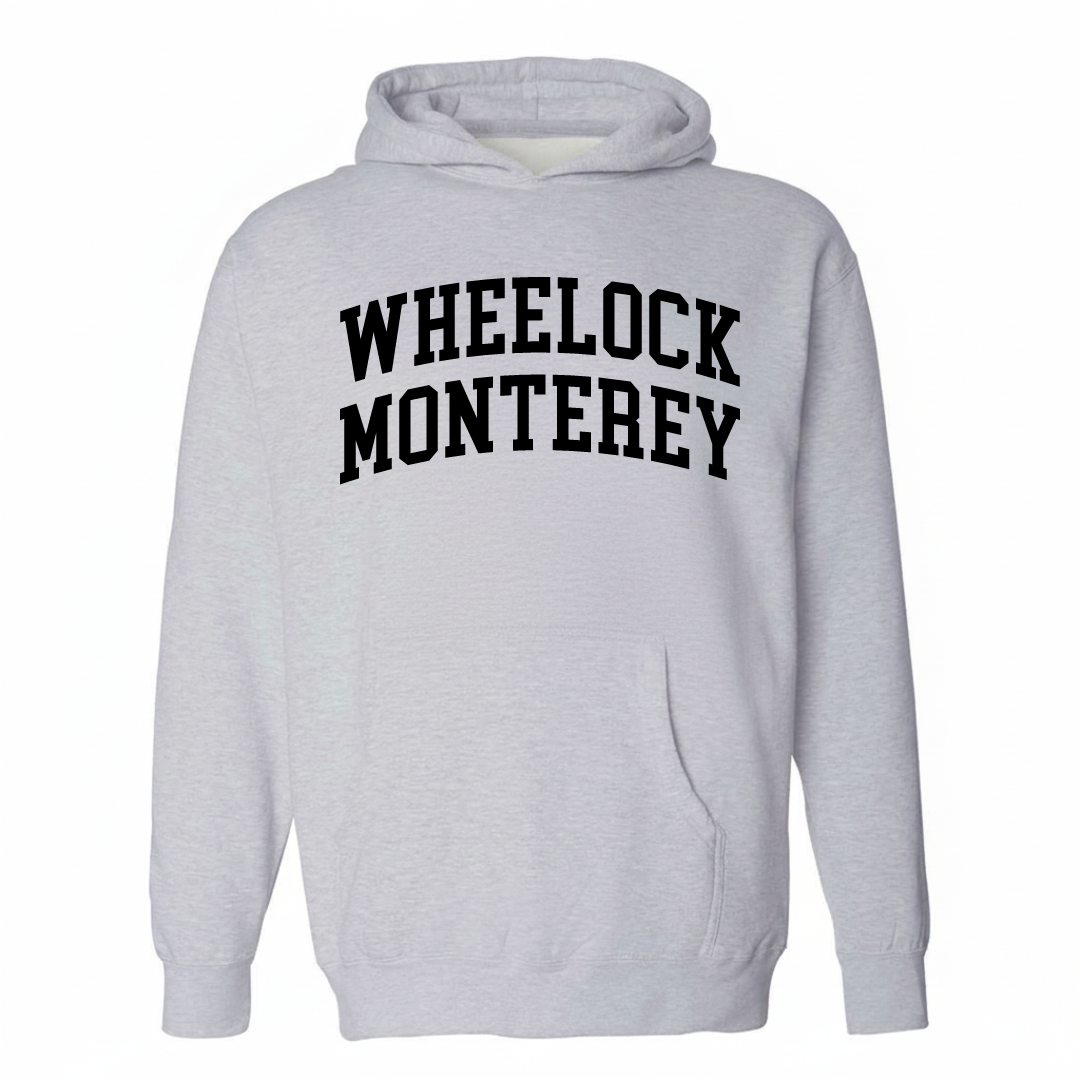 Heather-gray hoodie with the Wheelock & Monterey arched lettering design on the chest.