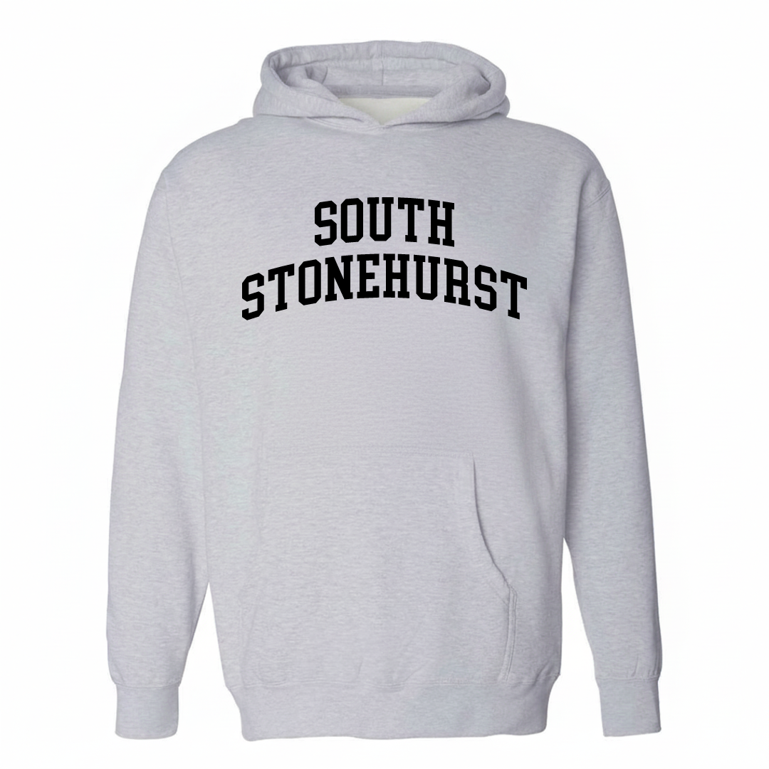 Heather-gray hoodie with the South Stonehurst arched lettering design on the chest.