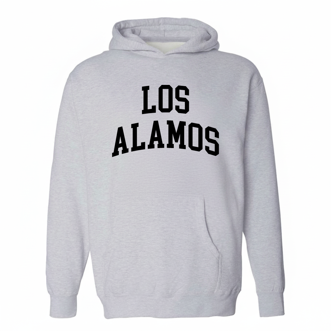 Heather-gray hoodie with the Los Alamos varsity arched lettering design on the chest.