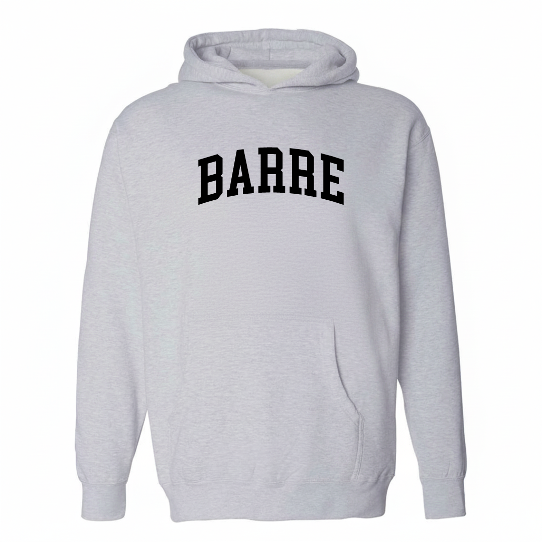 Heather-gray hoodie with the Barre varsity arched lettering design on the chest.