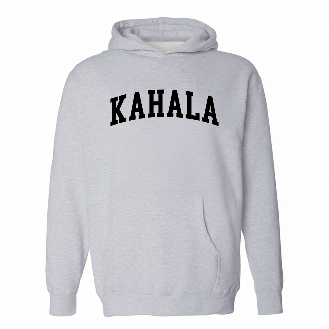 Heather-gray hoodie with the Kāhala arched varsity lettering design on the chest.