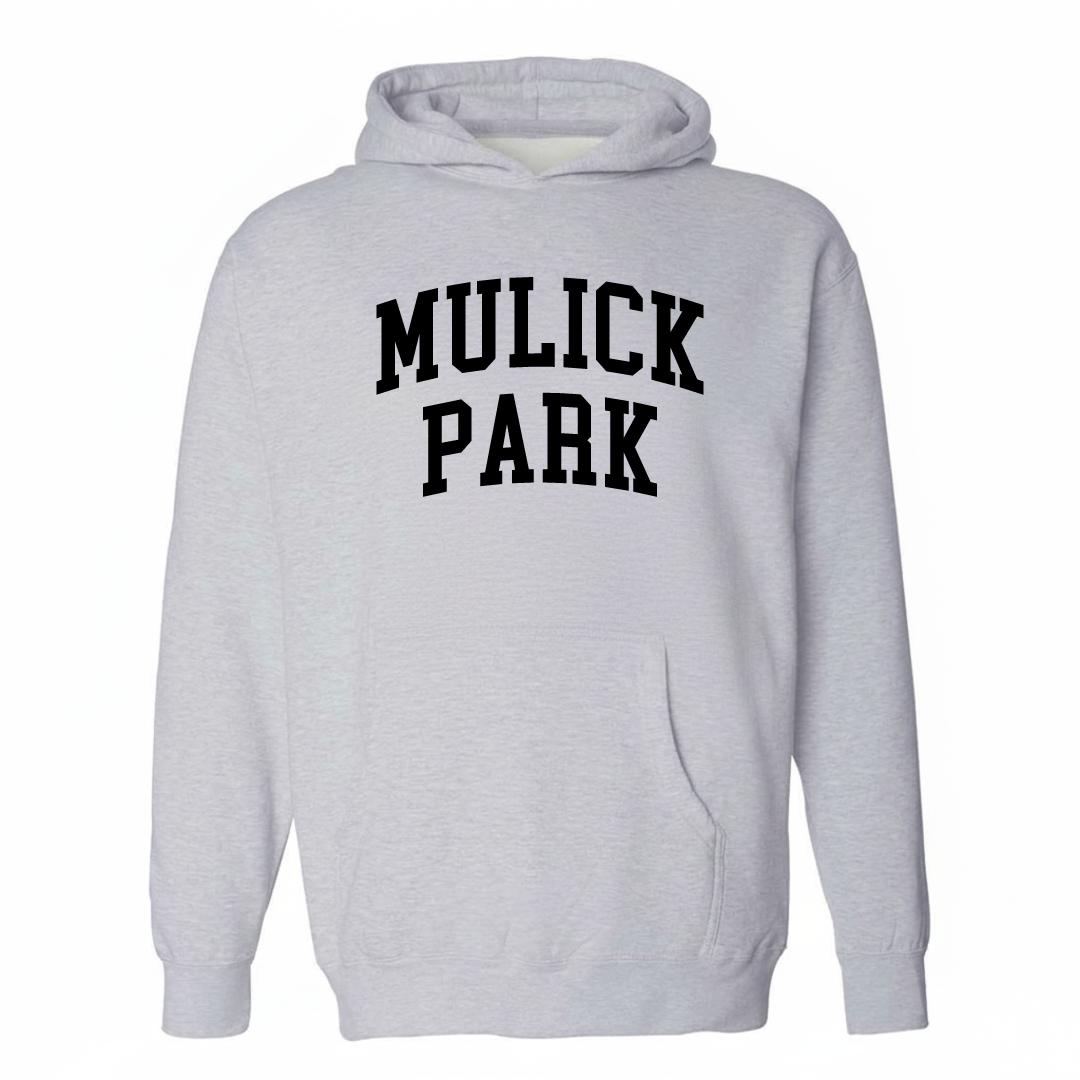 Heather-gray hoodie with the Mulick Park varsity arched lettering design on the chest.